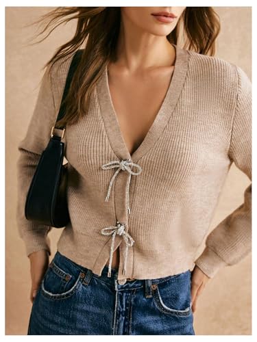 MakeMeChic Women's Bowknot V Neck Sweater Long Sleeve Knit Cardigan Outerwear4