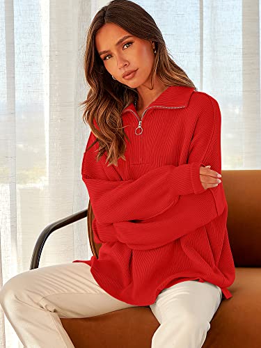 Image of ANRABESS Womens Oversized Quarter Zip Pullover Sweaters | Fall Fashion Outfits, Long Sleeve Slit Side, Baggy Loose Fit, 1 /4 Zip Lapel Collared, Ribbed Knit Soft Warm Winter Clothing
