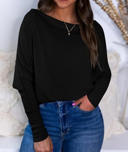 Okiwam Women's Fall Tops Long Batwing Sleeve Shirts Boat Neck Off The Shoulder Loose Tunic Blouses 2025 Fashion Clothes