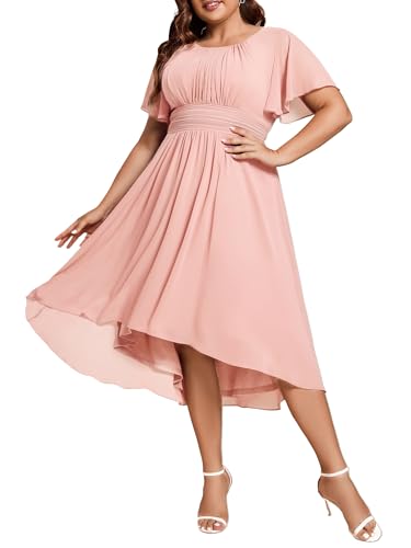 Image of Ever-Pretty Women's Plus Size Formal Wedding Guest Dresses for Curvy Women A Line Chiffon Midi High Low Cocktail Dress