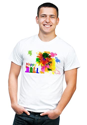 Image of Knitted Polycotton Fabric Regular Fit Men Boys Half Sleeve T-Shirt for Festival of Holi Style 22 White Size : Free