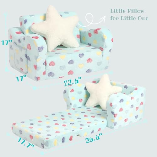 image for MOMCAYWEX Toddler Couch, 2-in-1 Kids Soft Couch Fold Out with Star Pil