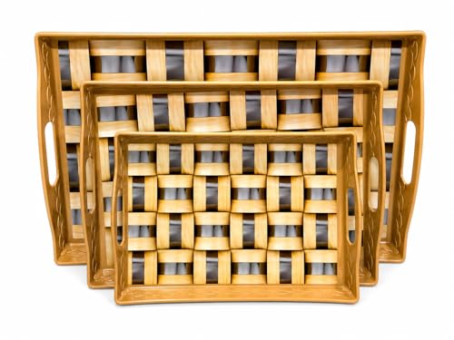 Image of KITCHIVO 3 Pcs Plastic Serving Tray Set with Handle | Multipurpose Tea Snacks Breakfast Tray | Floral Printed Rectangular Serving Trays for Kitchen & Home (Honey Weave)
