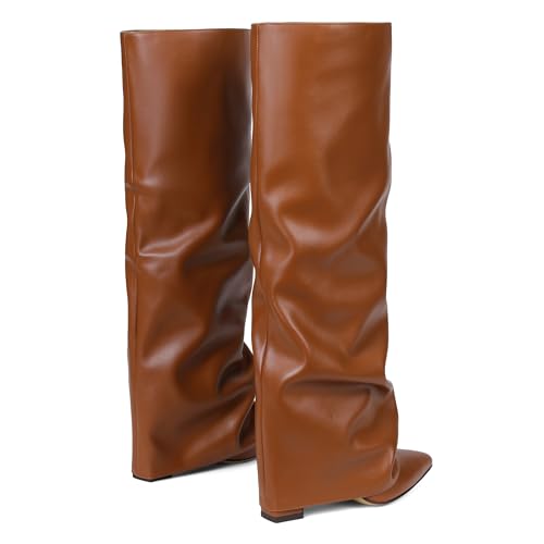 Image of SaraIris Women's Slouchy Knee High Boots - Black, Pointed Toe, Fold Over, Chunky, Shark Boots