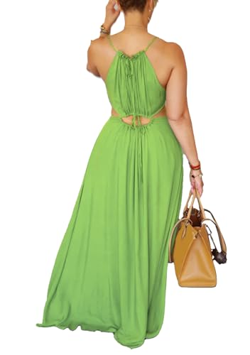 Image of Famnbro Womens Sexy Summer Dress Halter Neck Sleeveless Tie Back Boho Resort Maxi Dresses 2026 Beach Vacation Outfits