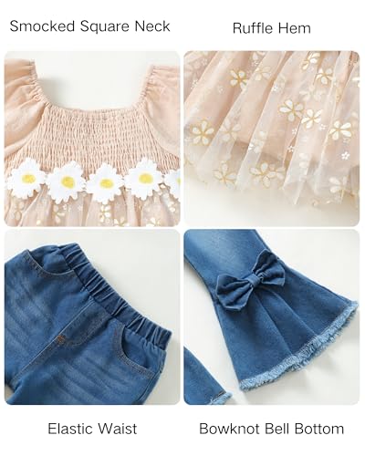 Image of XUANHAO Toddler Girls Clothes Puff Sleeve Smocked Shirt Flare Jeans Pant Outfits for Girl Bell Bottom Kids Girls Clothing Set