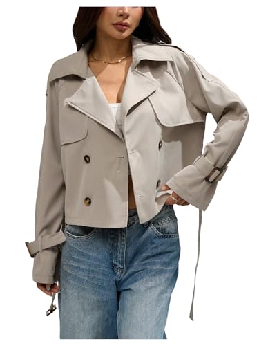 SOLY HUX Women's Double Breasted Short Trench Coat Belted Long Sleeve Lapel Collar Loose Jacket Outerwear