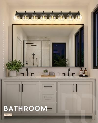 Image of 8-Light Bathroom Light Fixtures, Matte Black Vanity Light, 52 Inch Modern Wall Sconces with Globe Clear Glass Shade, Vanity Lighting Fixtures Over Mirror, VL195-MB-8