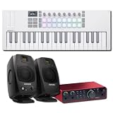 Novation Launchkey Mini 37 MK4 White MIDI Controller Bundle with ADAM Audio D3V Black Monitors and Scarlett 2i2 Interface — White-and-Black USB-C Studio for Music Production, Beat Making, Recording