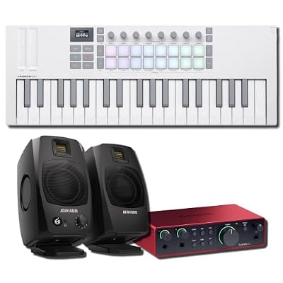Novation Launchkey Mini 37 MK4 White MIDI Controller Bundle with ADAM Audio D3V Black Monitors and Scarlett 2i2 Interface — White-and-Black USB-C Studio for Music Production, Beat Making, Recording