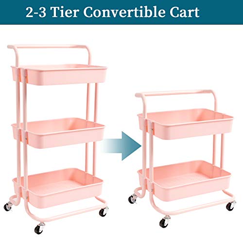 Danpinera 3 Tier Rolling Utility Cart With Hooks & Handle Storage Organization Shelves For Kitchen, Bathroom, Office, Library, Coffee Bar Trolley Service Cart, Pink #TOP3