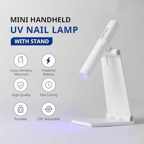 AIRSEE Mini Handheld UV Light for Gel Nails with Stand,Portable Rechargeable Nail Lamps,2 Timers for Fast Extension,Rhinestone Glue Decoration,Gel Nail Strips at Home,Travel(White)