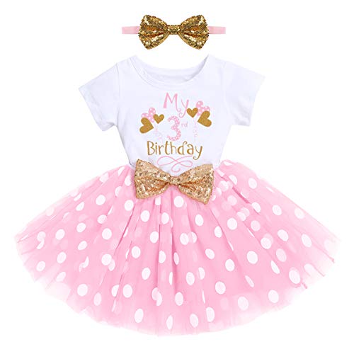 FYMNSI Vestido de fiesta de cumpleaños para bebé, de algodón, de manga corta, tutú con lentejuelas y cinta para la cabeza, juego de 2 piezas, Rosa Lunares - Globo 3º cumpleaños, 3 Años Cover