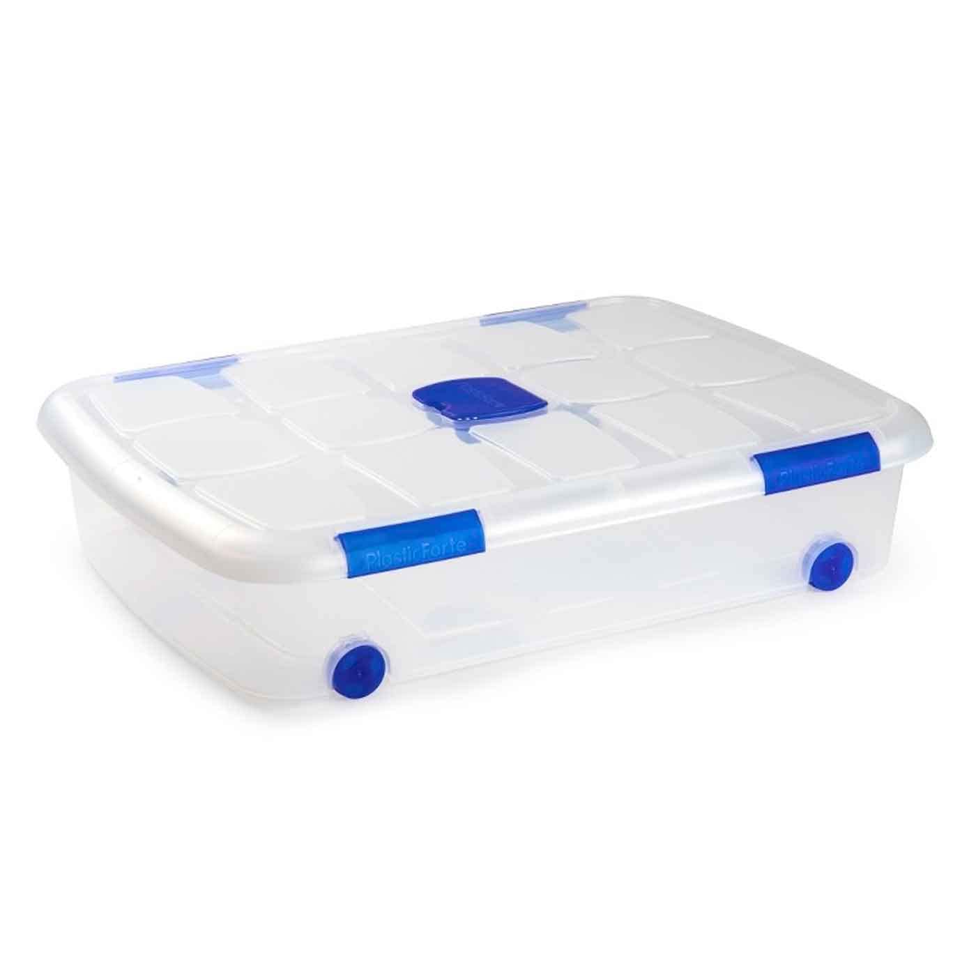 Acan - Caja de plástico transparente de 16,7 x 75 x 55 cm, con capacidad de 41 litros, Contenedor de plástico para almacenamiento con tapa y ruedas. (Con ruedas, 41 L)