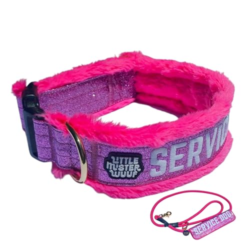 Service Dog Collar Leash & Wrap Set Pink Sparkly Minky Adjustable for Medium & Large Dogs Durable Statement Design for Dogs that Stand Out (S: 15-17)