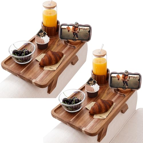 Image of Nnewvante 2 Pack Couch Armrest Table, 3 in 1 Large 15.36 inchx9.85 inch Acacia Wood Sofa Arm Clip on Tray Table with 360Rotated Phone Drink Holder on Armrest