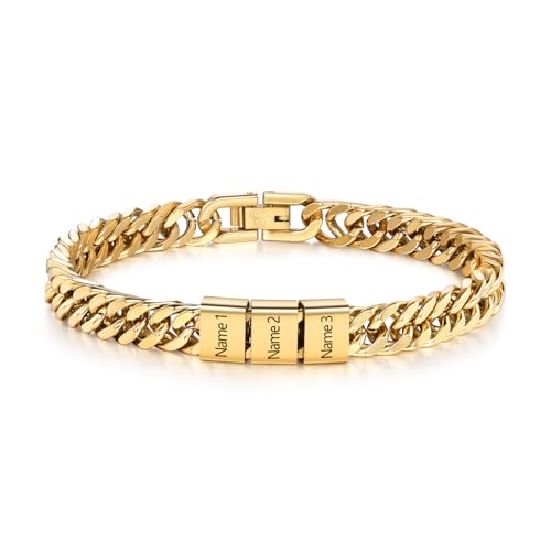 Personalised Cuban Link Bracelet for Men Stainless Steel Custom Chain Bracelet with Engraved Names Mens Bracelet Gift for Husband Dad Son Grandpa Birthday Anniversary Fathers Day Christmas (Gold-3 Names)