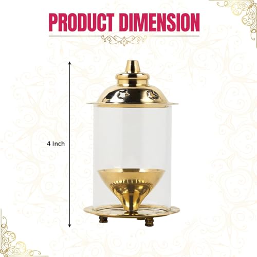 Image of Klassic Combo of 4 Inch Akshi Navjyoti Brass Diya with Borosilicate Glass Shade & 5.5 Inch Bent Fine Point Tip Tweezer | Decorative Oil Lamp for Mandir, Pooja & Daily Aarti