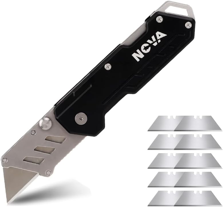 Nova Folding Utility Knife with 10 Extra Utility Blades, Safety Lock and Belt Clip for Durable Box Cutter, Quick Change Blades (Green)