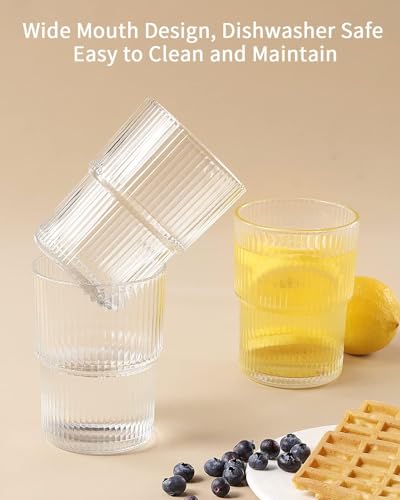Image of WEZOSHINET 6 Pcs Ribbed Heat Resistant Drinking Glasses Cup with Vertical Stripes Pattern for Iced Coffee Cups Whiskey Cocktail Beer Water Glasses for Home Party Bar (190 ML /Set of 6)