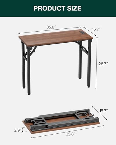 Image of Frylr Small Folding Computer Desk - 35.8 Inch Portable Table for Craft and Study, Lightweight Desk for Small Spaces, Foldable Laptop Table Built-in AC /USB Outlets for Convenience, Dark Walnut