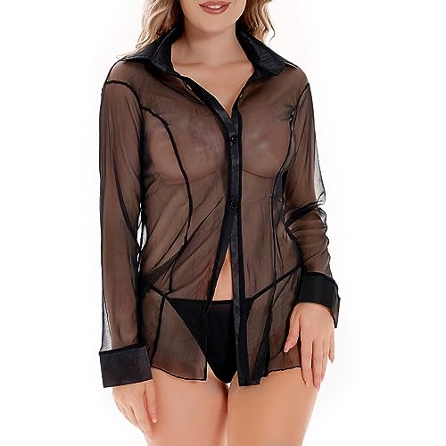 Sheer Mesh Button Shirt Women's Chiffon Shirt Long Sleeved See-through Blouse