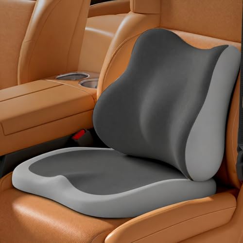 SKY-TOUCH 2PCS Car Booster Seat Cushion and Lumbar Support Set Memory Foam Driver Seat Riser Ergonomic Car Seat Cushion for Cars SUVs and Trucks Removable Cover