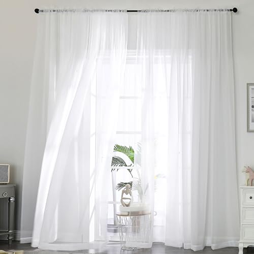 Image of OWENIE Extra Long White Sheer Curtains 144 inch 2 Panels Set, Translucent Backdrop Window Scarf Drapes for Canopy Bed /Wedding /Living Room /Anniversary, 12FT Length, Each 59Wx144L in, 2PCS, White