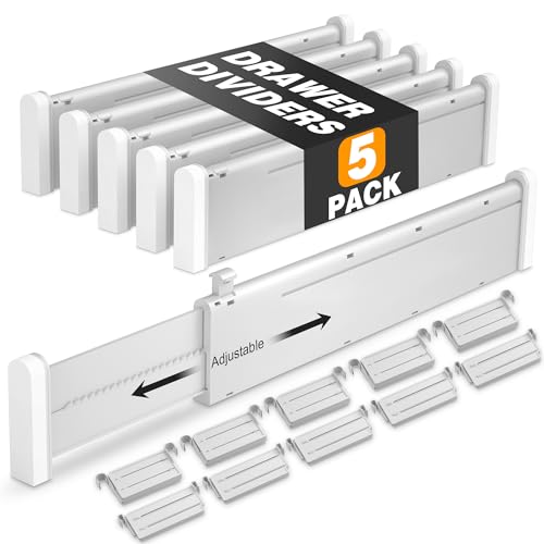 Image of HiYZ Expandable Drawer Dividers with Inserts - Adjustable Drawer Organizers Separators for Kitchen, Bedroom, Dresser, Office, 5 Long Dividers(12.6-22.8 IN) with 10 Inserts(3.9-7.1 IN) - Gray