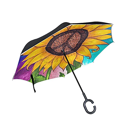 Parapluie inversé femme coupe-vent grand modèle résistant UV motif tournesol