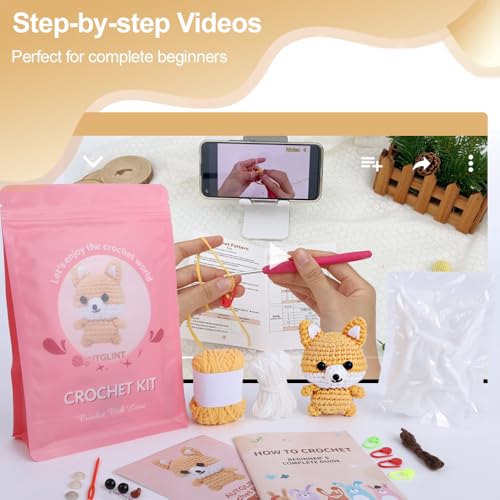 Image of Autglint Fox Crochet Kit for Beginners, Amigurumi Animal DIY Knitting Kit with Step-by-Step Video Guides, Learn to Crochet Kit for Adults & Kids with Pre-Started Yarn - Orange Fox