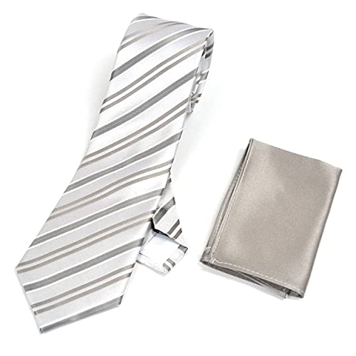 [スミスアンドスコット] クリサンドラ ネクタイ 結婚式 セット シルク フォーマル ポケット チーフ 冠婚葬祭 披露宴 パーティ チーフセット メンズ 05 グレー/シルバーストライプ