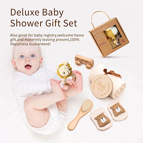 Image of New Born Baby Gift Basket, Baby Boys Girls Shower Gifts with Wooden Lion Rattle, 6PCs New Born Essentials Bath Set with Baby Brush,Blanket,Milestones Cards