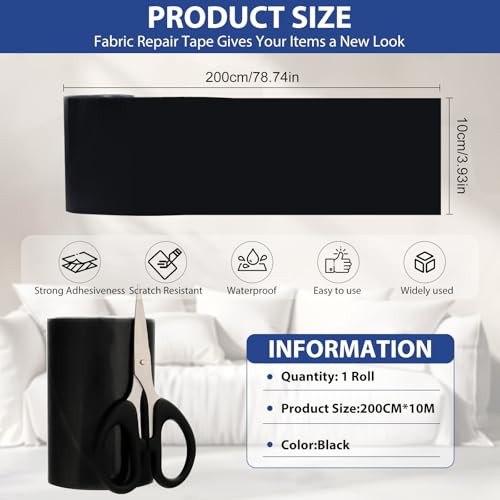 Flicken Selbstklebend Stoff, 10x200cm Textilklebeband Wasserdicht, Reißfest Schwarz Gewebeklebeband, Gewebe-Reparaturband für Sofa, Autositze, Zelt, Markise, Segeltuch, Daunenjacke, Löcher in Stoff