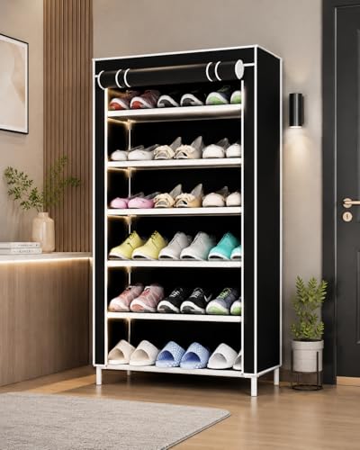 Image of 6 Layer Plastic Shoe Rack | Space Saving Multi Tier Shoe Stand Organizer for Home, Bedroom & Entryway | Durable Waterproof DIY Footwear Storage Rack for Men Women & Kids (Black) | Space-saving 6 layer shoe rack for home