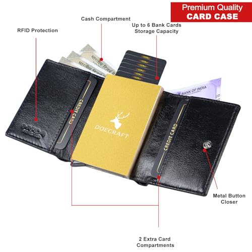 Image of Men's Genuine Leather RFID Wallet | Premium Slim Red Wallet for Men with Deer 3D Print | 8 Card Slots Secure and Durable | Casual Stylish | Formal & Gifting Use, Golden (Black)