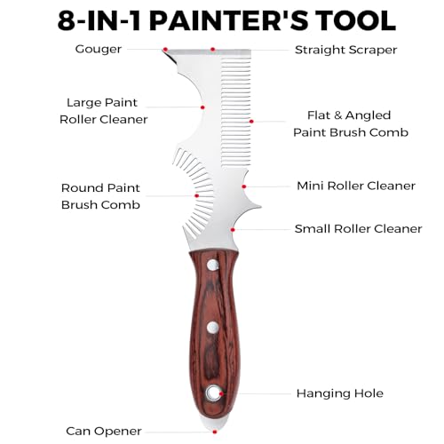 PinStone 8-In-1 Painters Tool - Paint Brush Comb, Paint Roller Cleaner, Stainless Steel Scraper, Putty Knife, Paint Can Opener, Wooden Handle - Image 2