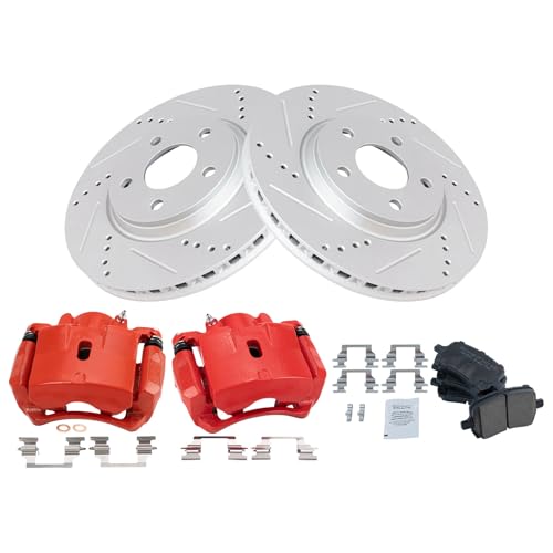 Image of TRQ Performance Front Brake Pad and Rotor Set Ceramic Coated Drilled | For 2007-2012 Chevrolet Malibu 2007-2010 Pontiac G6 2007-2009 Saturn Aura
