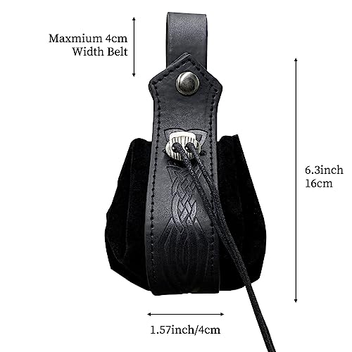 Medieval Faux Leather Pouch,Viking Belt Pouch,Retro Nordic Fanny Pack,Portable Drawstring Purse,Dice Bag for Hiking Archery LARP Renaissance Faire Costume (Black C) - Image 4