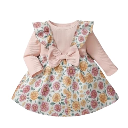 Image of A.T.U.N. (ALL THINGS UBER NICE) Baby Girls Poly Silk Frock with Bow Straps & Ruffle Sleeves | Stylish Printed Winter Dress for Kids | Cute Long Sleeve Party Frock