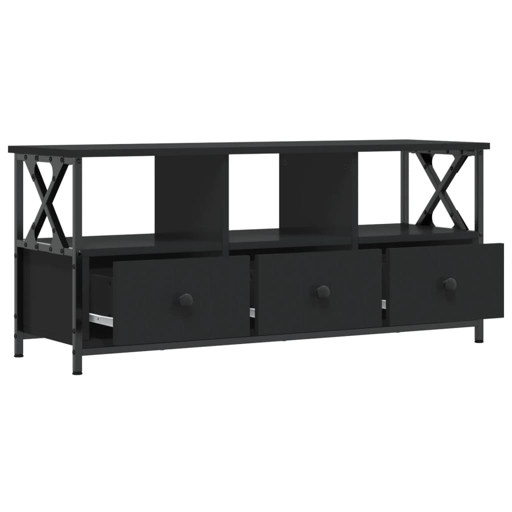 TV Schrank Schwarz 102 x 33 x 45 cm Industrial Lowboard aus Holzwerkstoff und Eisen mit 3 Schubladen für Wohnzimmer und Flur