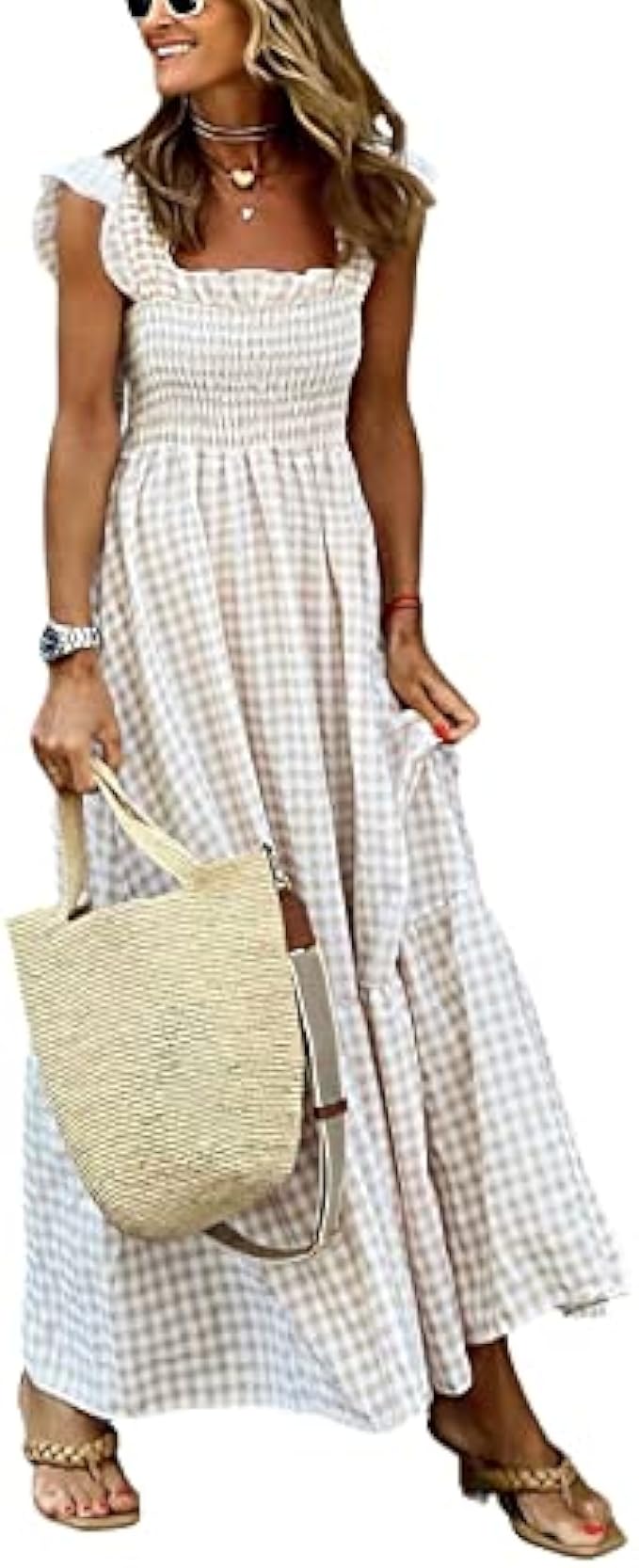 chouyatou Women's Retro Plaid Smocked Dress Spaghetti Strap Flounce Long Dress