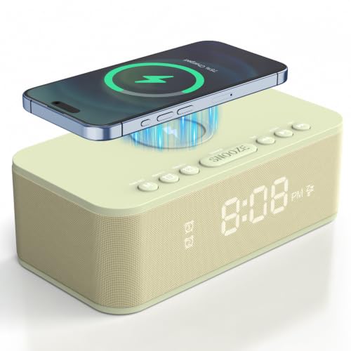 Image of Digital Alarm Clock White Noise, Loud Digital Alarm Clocks Bedrooms, Alarm Clock Speaker Wireless Charger AUX USB Bluetooth Speaker 12 /24H Dual Alarm Snooze Adjustable Brightness, Cream