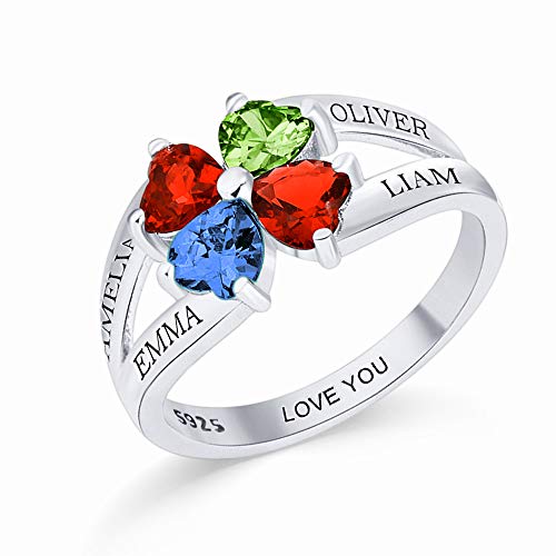 Personalized Sterling Silver Mothers Rings with 4 Birthstones Engraved Mom gift Anniversary Promise Rings fine jewelry for Women (sterling-silver)