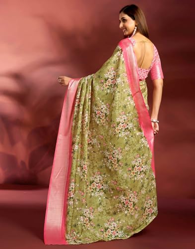 Image of SIRIL Women's Dola Silk Printed Jacquard Border Ready To Wear Saree with Unstitched Blouse Piece