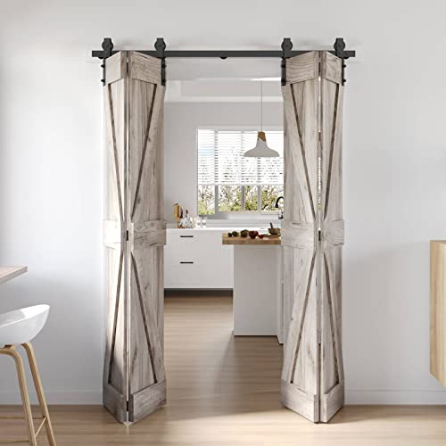 Roymelo 64" Bifold Sliding Barn Door Hardware Track Kit,Side Mounted Black Roller,Smoothly And Quietly,Assembly Easy,Fit Four 15" Bi-Folding Doors (Door Not Included) #TOP5