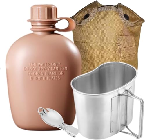 BeGrit Military Canteen Army Canteen WWII Canteen Kit with Aluminum Cup Stainless Steel Foldable Spoon Fork for Hiking Backpacking Camping, 1 Quart (Khaki Canteen)
