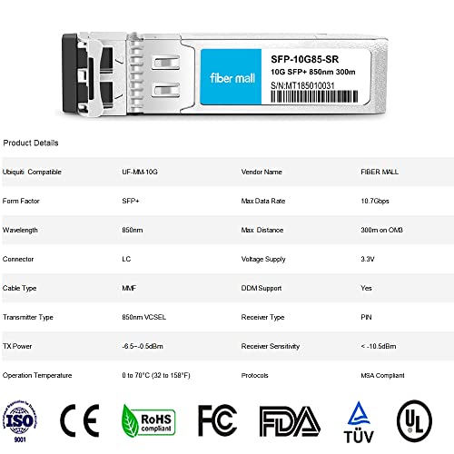 Image of 10G SFP SR for Compatible with Ubiquiti UF-MM-10G Cisco SFP-10G-SR Netgear AXM761 with Mikrotik S+85DLC03D D-Link DEM-431XT Finisar FTLX8571D3BCL 10GBASE-SR SFP+ Transceiver Module 850nm 300m LC