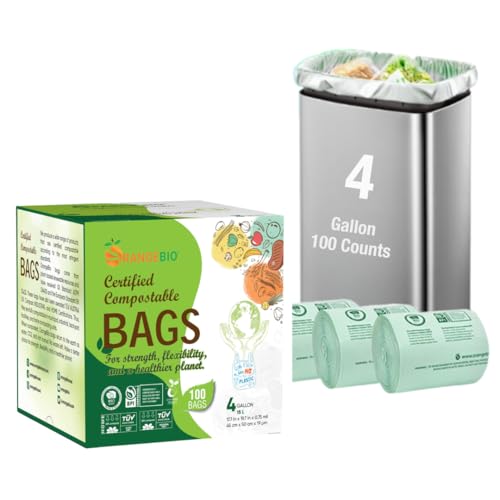 OrangeBio 4 Gallon Compostable Trash Bags 100 Count Small Bin Liners for Kitchen Bathroom & Food Waste Plant-Based Garbage Bags BPI & TV OK Compost Home Certified