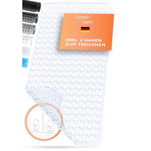 Lichttenheim,Alfombrilla de ducha antideslizante y sensible a la piel, 88x40 cm, incluye 2 ganchos, alfombrilla para bañera con rombos, sin BPA, resistente al moho y lavable (transparente)